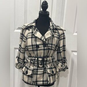JOU JOU VTG  WOOL BLEND BLACK & WHITE  PLAID PEACOAT
PEACOAT SIZE S